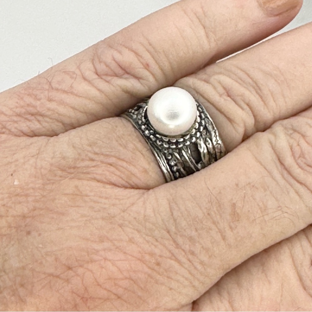 Sterling Silver & Pearl Wide Band Ring size 7 - Picture 9 of 11